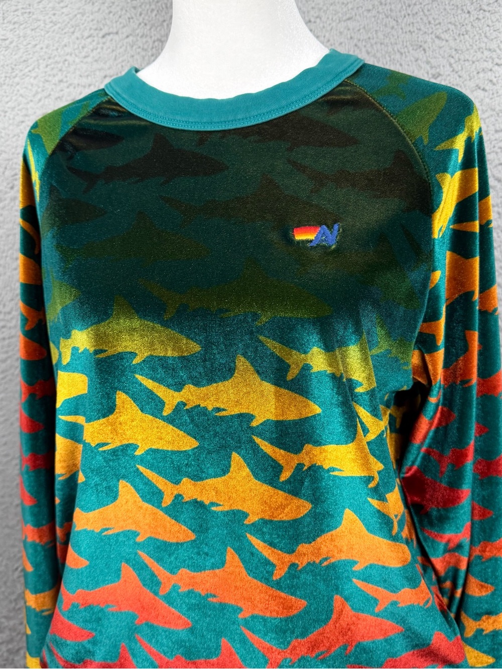 Aviator Nation Velvet Sweatshirt Womens XS Multicolor Shark Rainbow Pullover - Picture 2 of 11